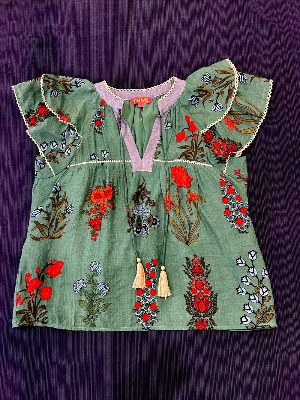 THML Clothing Green Floral Peasant Tunic Blouse with Ruffle Sleeves, Tassels L - Picture 9 of 16